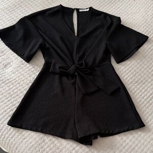 Lush Black V-Neck, Back Slit Tie-Waist Mini Romper Medium ❤️